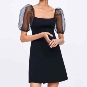 Zara Sheer Organza Puff sleeve black dress